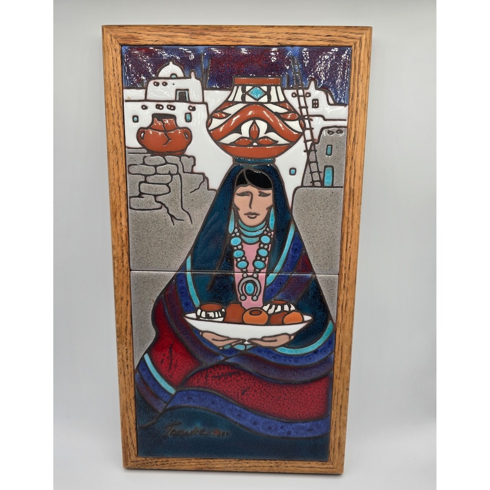 VTG '86 Framed Cleo Teissedre Tile Wall Art‎ SW Design Hand Painted 12" X 7
